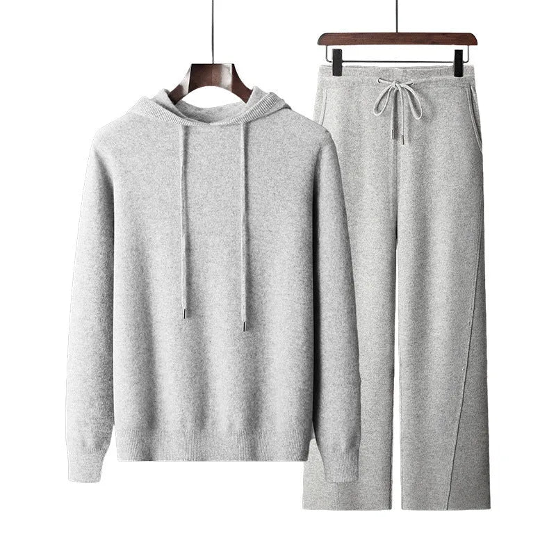Men's seamless wool hoodie and jogger pants casual two-piece set in Dark Gray with drawstring hood and zip front