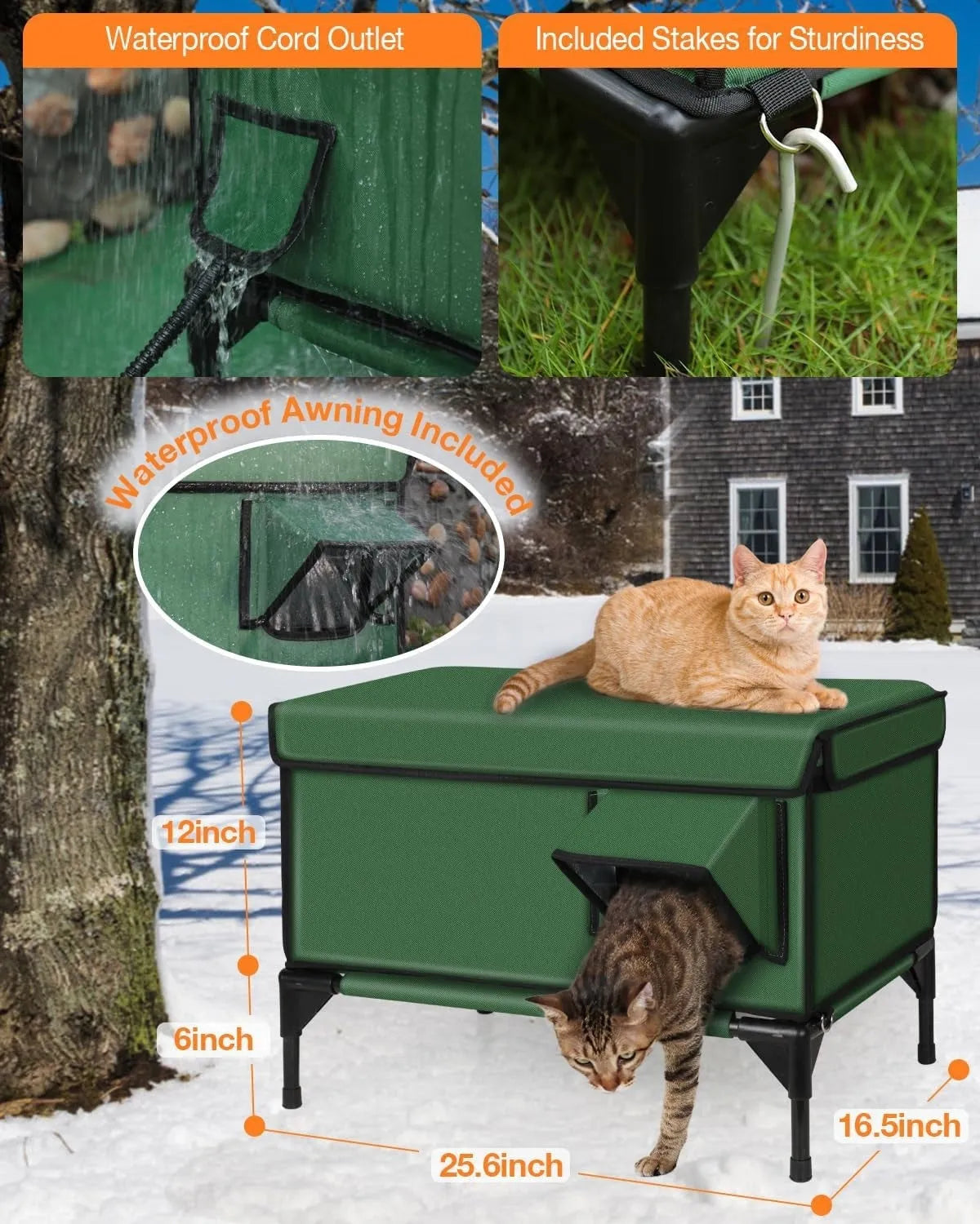 Green 900D PVC outdoor heated foldable cat house with charger for cats, sizes S M L