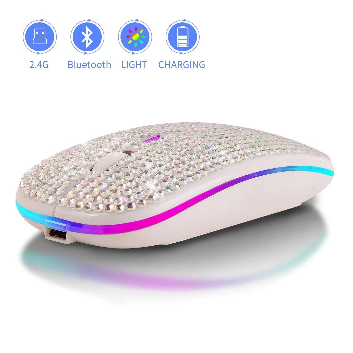 Rechargeable mute crystal rhinestone mouse in silver on desk, with USB charging cable