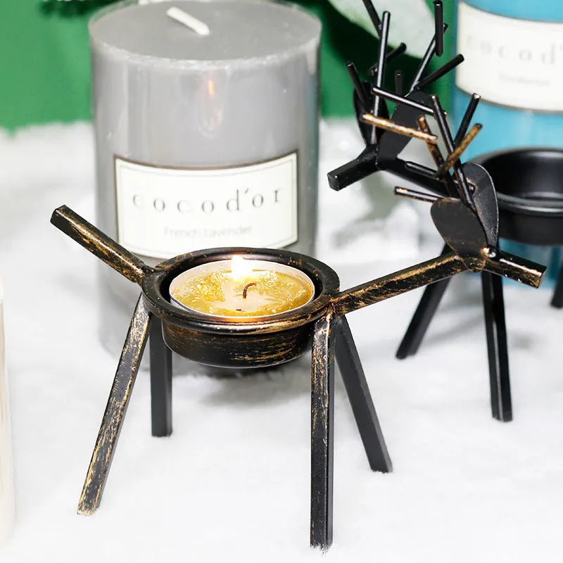 Iron Christmas deer candlestick holder with elk bracket design in black finish
