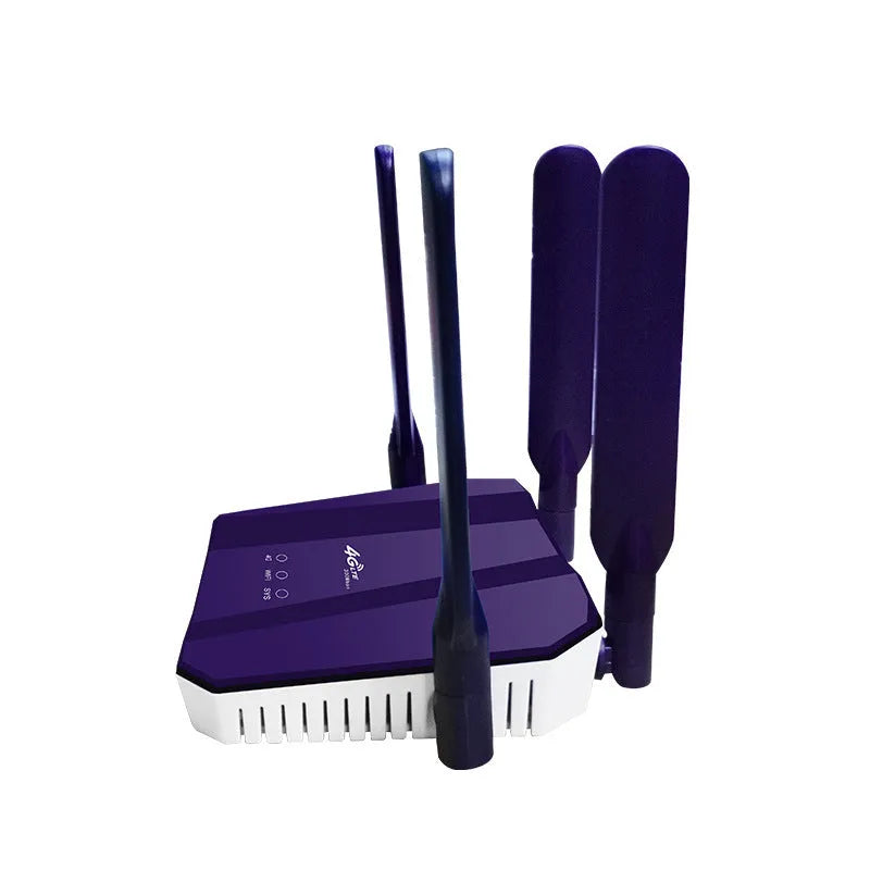 Blue 4G dual mode router with four antennas, compact rectangular design
