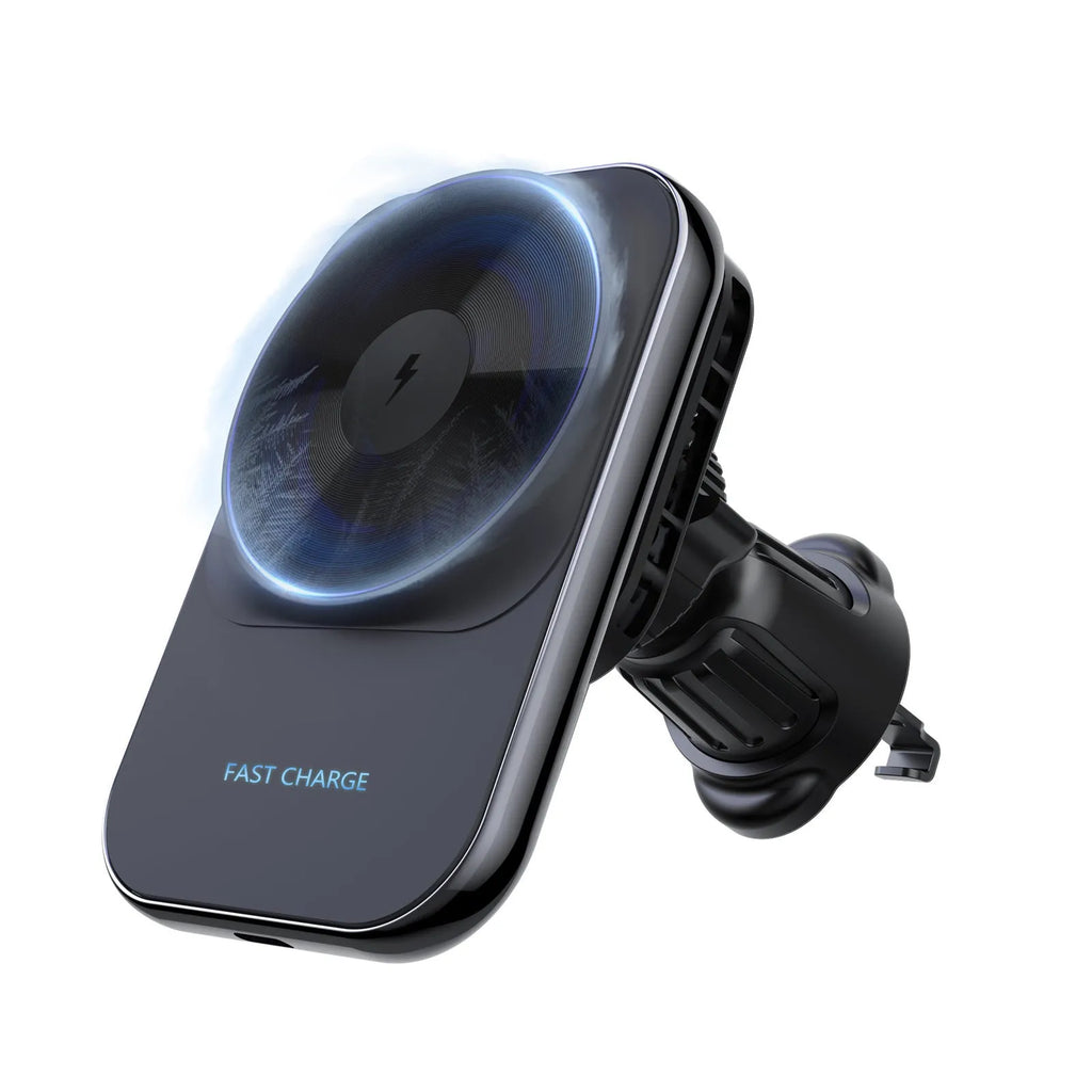S16 Black Semiconductor Refrigeration Magnetic Car Wireless Charger on air vent mount with electroplated frame and CD lens
