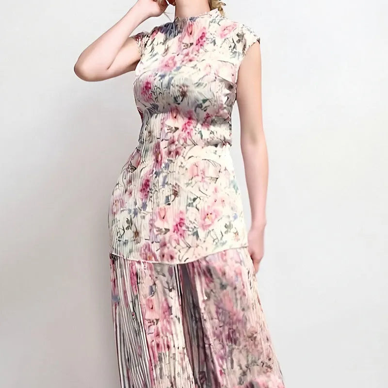 Long sleeve printed chiffon dress and top set in pictured colour on a hanger.