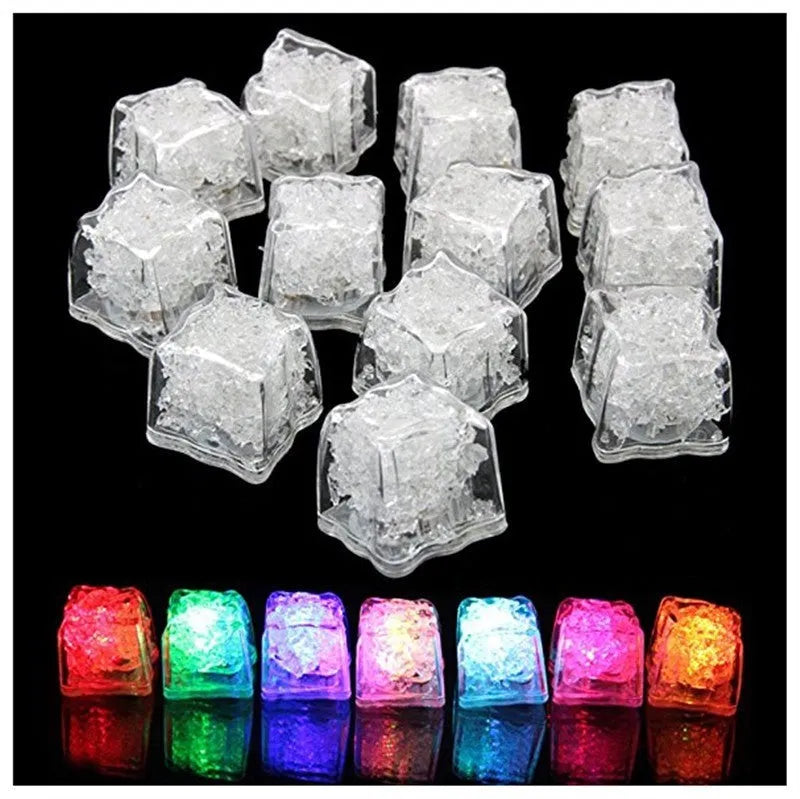 LED light ice cube in a drink, square shape, glowing blue with realistic ice appearance