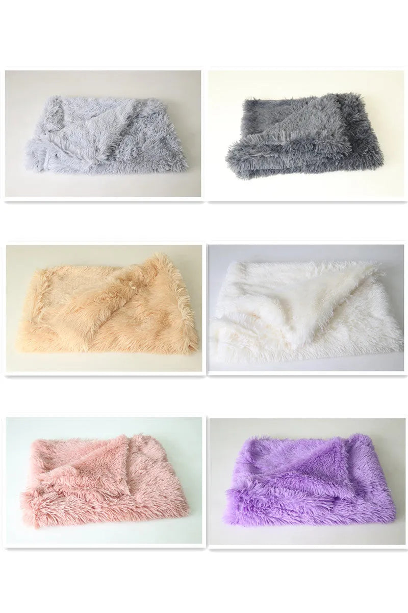 Long plush pet blanket for dogs and cats in grey, pink, or white, showing three size options.