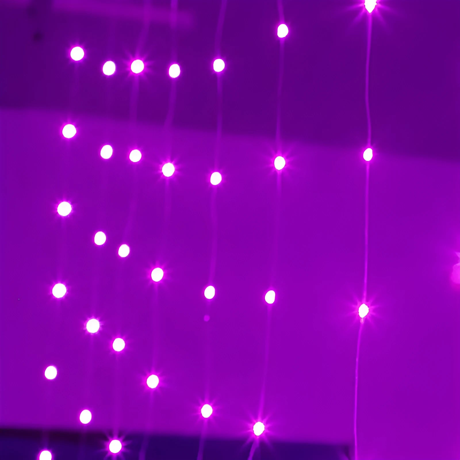 Copper curtain string light with 100 LED bulbs in blue, hung decoratively against a dark background.