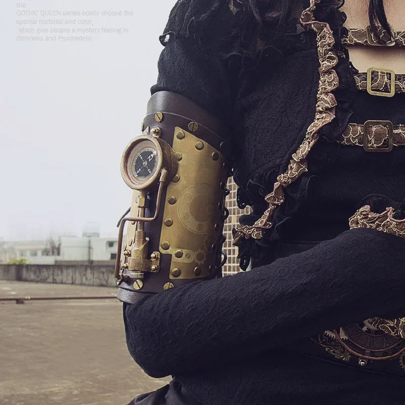 Steampunk compass bracelet with PU leather strap in black colour option