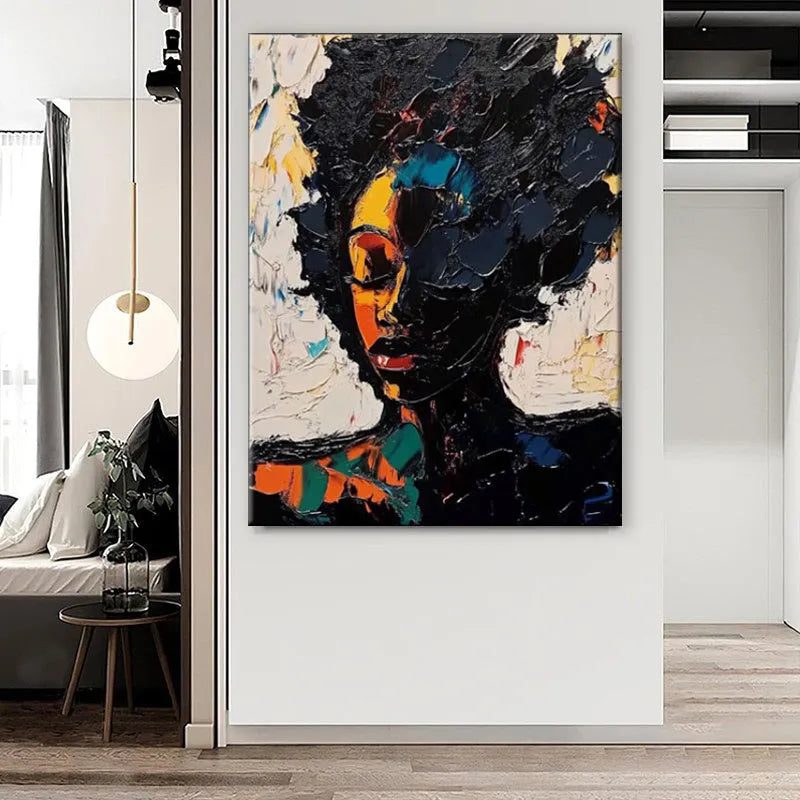 Hand-painted oil painting of African woman abstract graffiti street art on canvas
