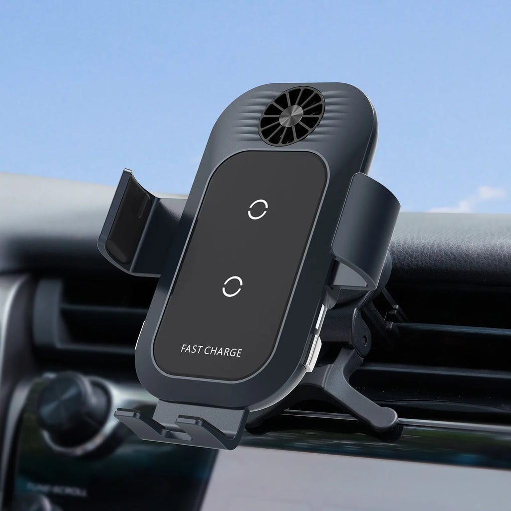 C35 coloured car wireless phone charger with suction cup air vent mount and automatic clamp.