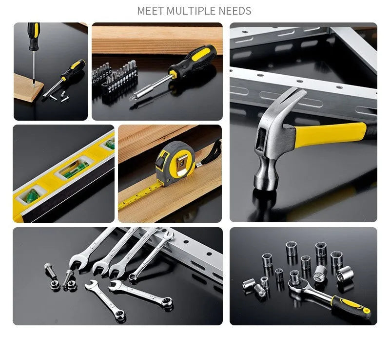108 piece carbon steel hand tool set in a case with sockets, wrenches, screwdrivers, pliers, and hammer