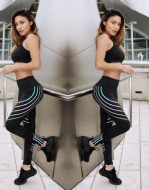 Women's black and white milk silk fitness leggings with night glowing print, slim-fit design.