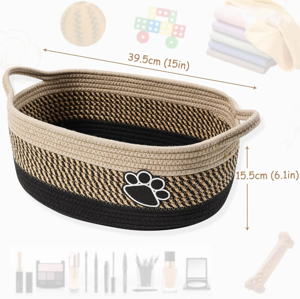Hand-woven light beige cotton rope storage basket with wooden handle for home organisation
