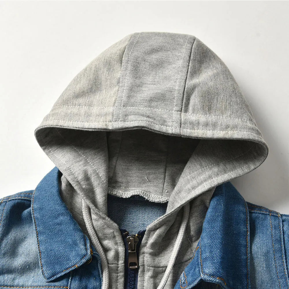 Children's fake two-piece denim jacket in grey with hood, loose fit, lapel collar