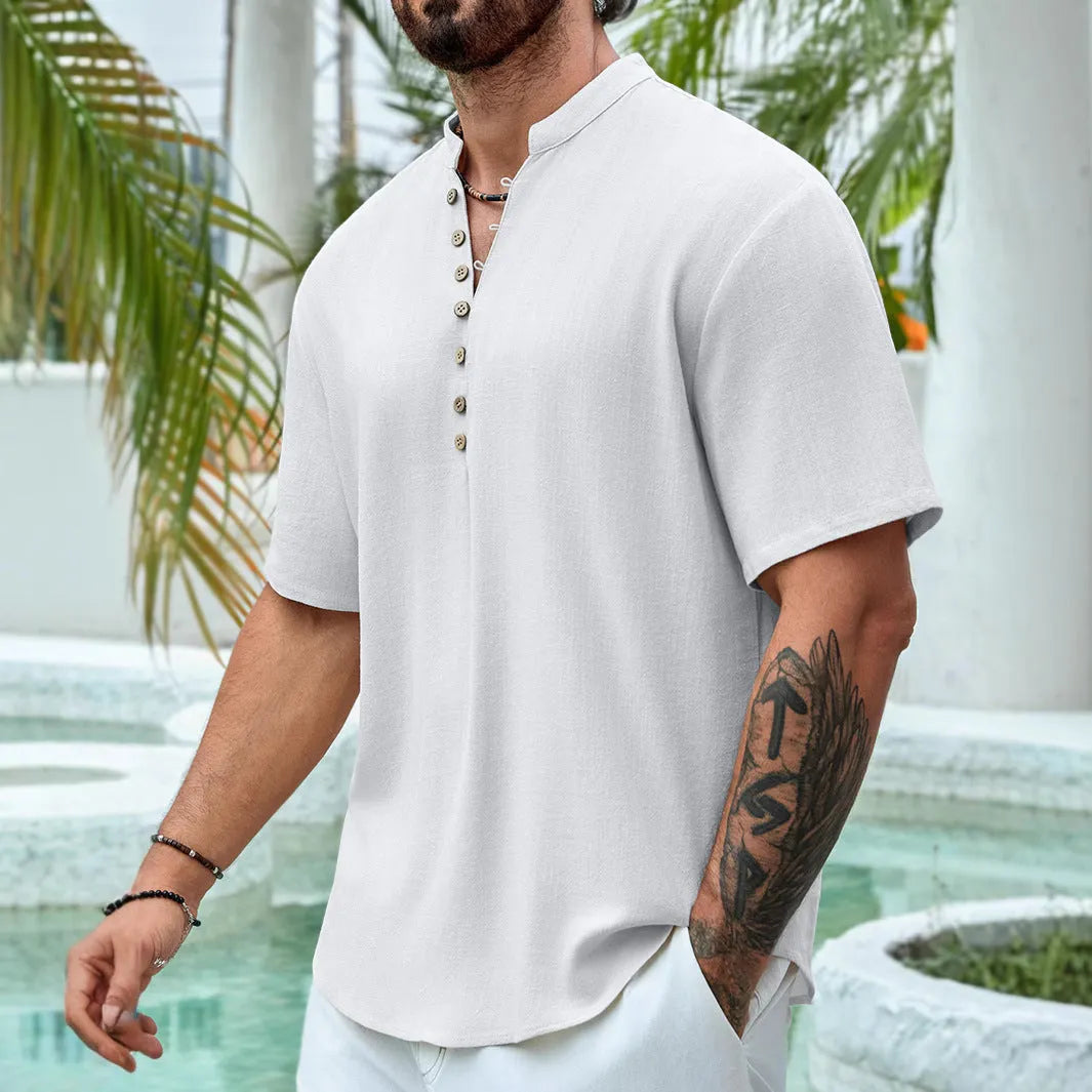 Men's deep V-neck casual summer shirt in cotton linen blend with multiple button closure
