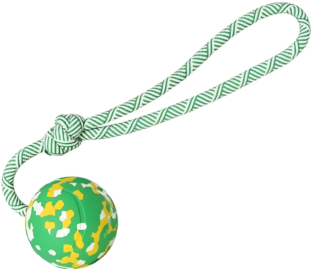 Natural rubber dog ball attached to a blue nylon rope for interactive fetch and tug toy