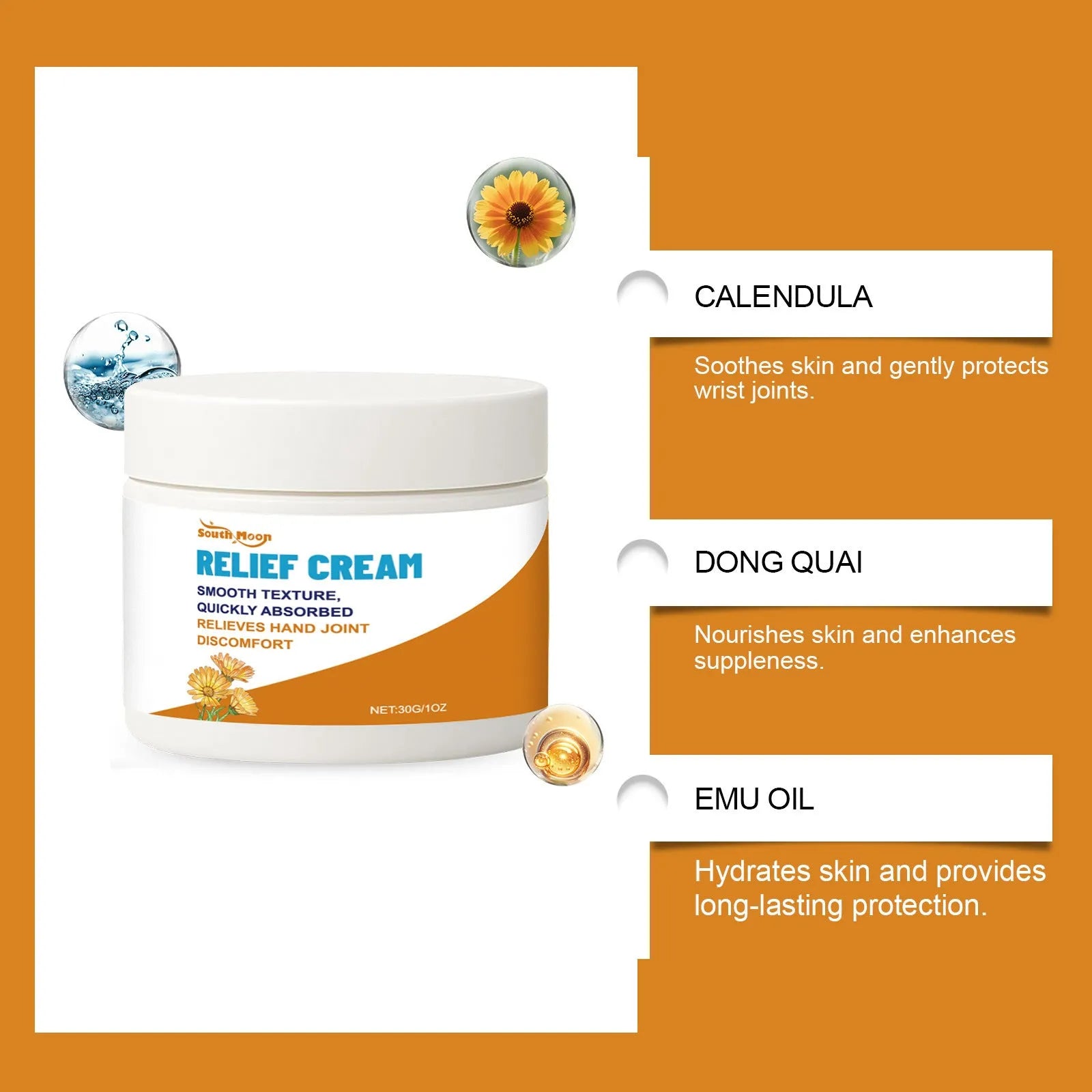 30g tube of nourishing joint skin massage care cream with calendula, angelica, methyl sulfone, and emu oil.