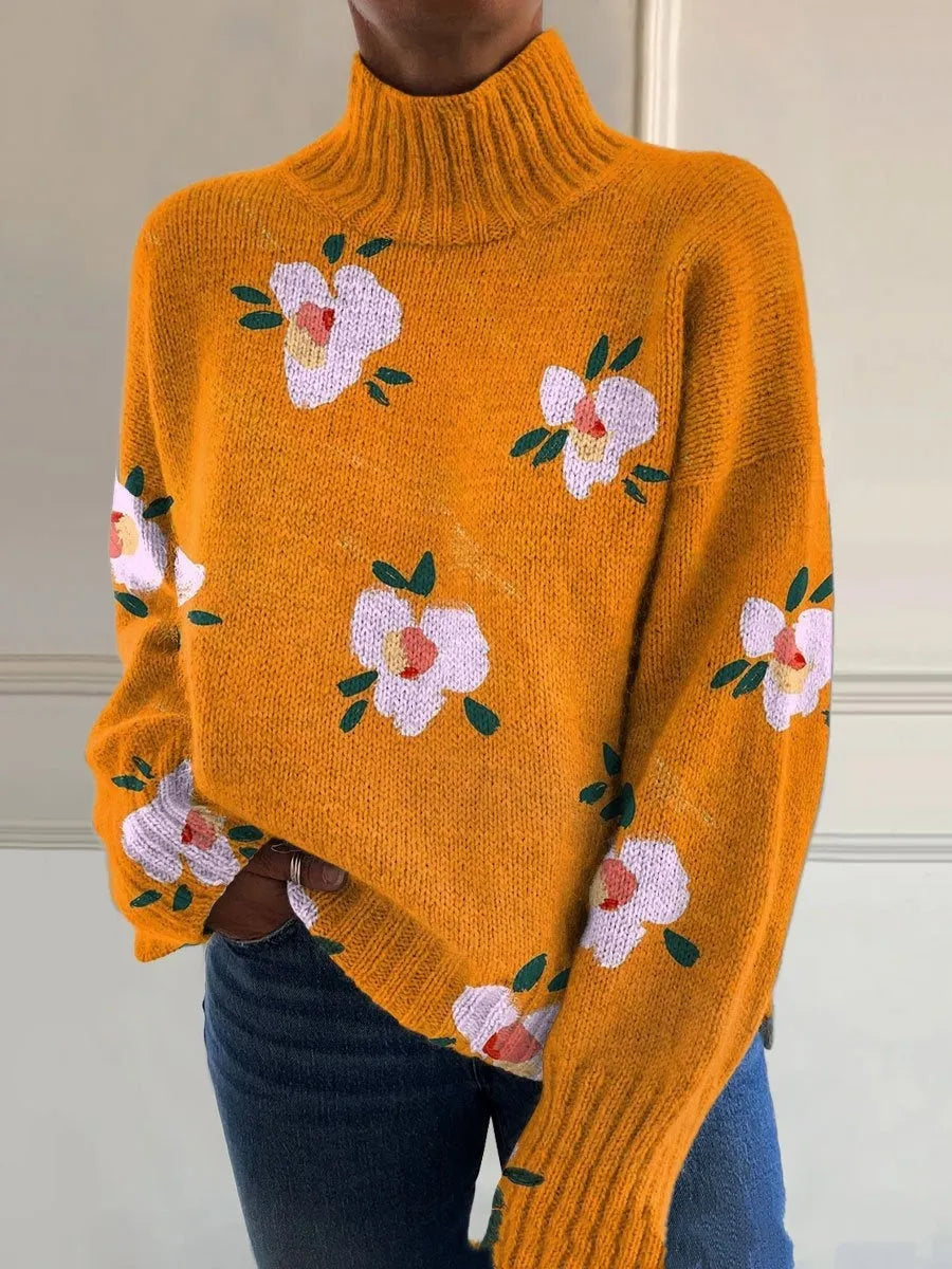 3D floral print high neck long sleeve pullover sweater polyester wool blend