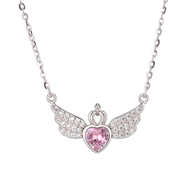 Pure silver crown heart angel wings pendant necklace with white stone and O-shaped chain