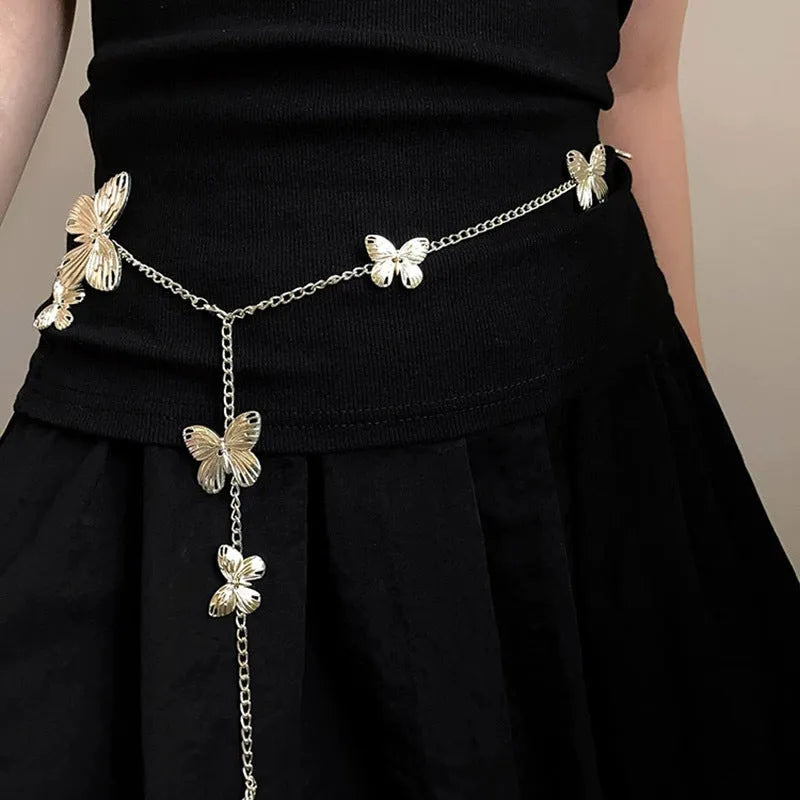 Gold or silver alloy butterfly waist chain belt showing 104cm length and decorative charm.