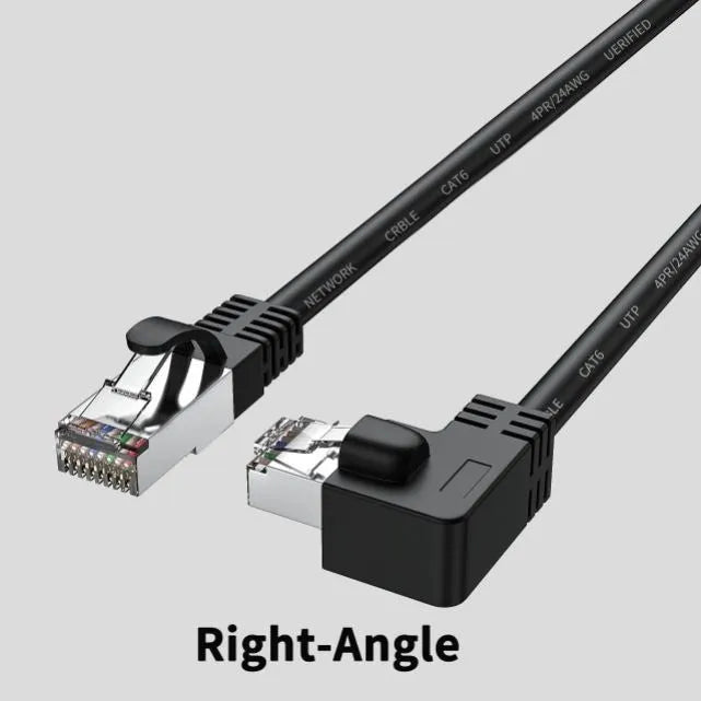 Cat6 Ethernet cable with right-angled RJ45 connector in various colours and lengths