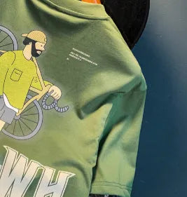 Green men's printed loose fit t-shirt with short sleeves shown on Asian sizing chart
