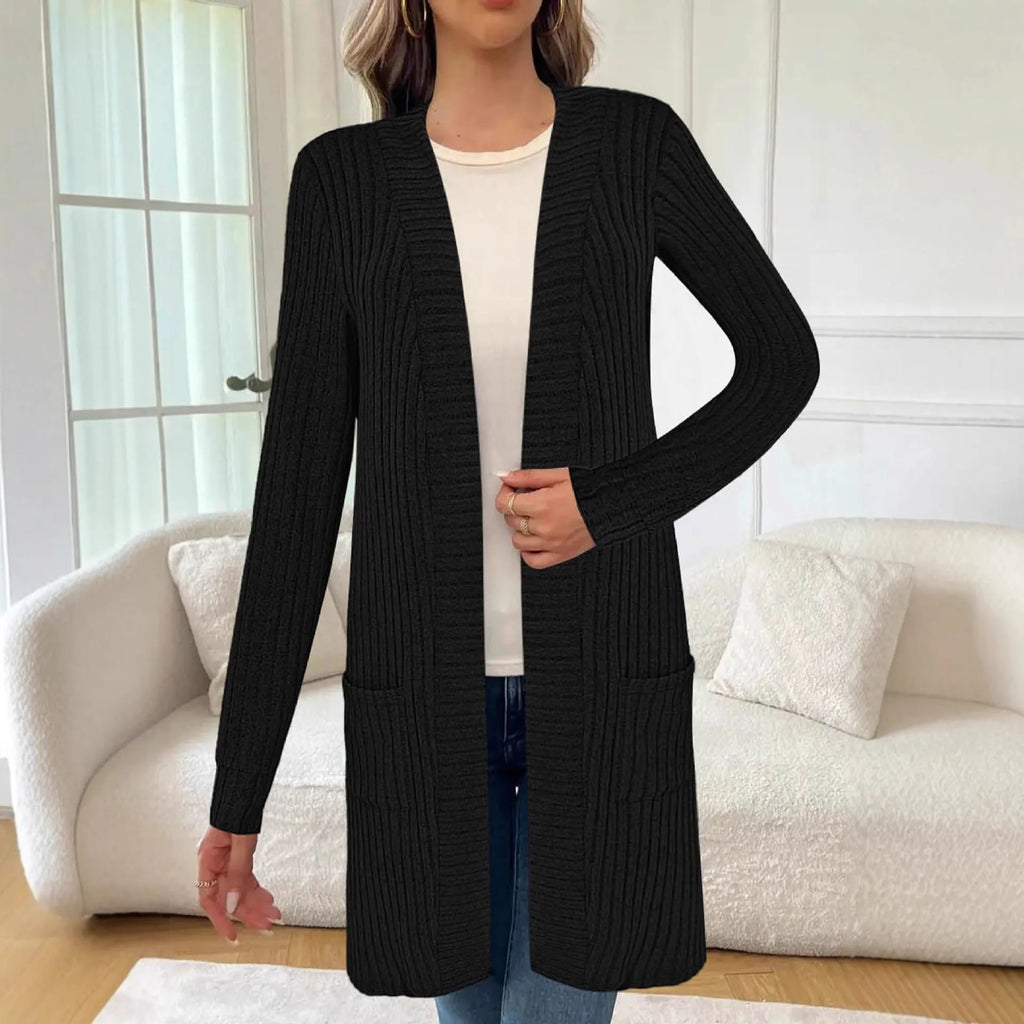 Loose knitted cardigan jacket with long sleeves and pockets in black, gray, or wine red polyester