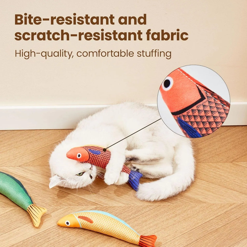 Catnip fish kicker toy in green, orange, or yellow with soft plush and cotton construction