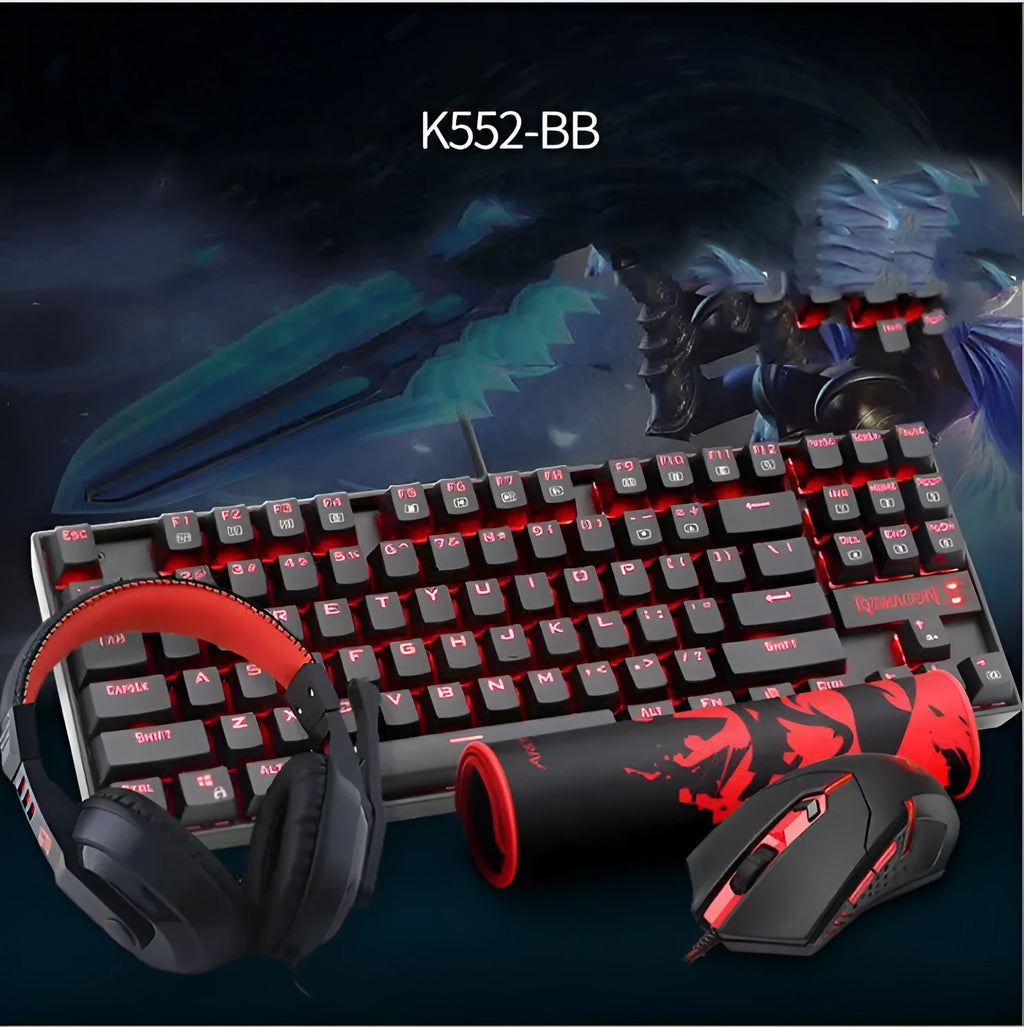 Monochrome wired mechanical gaming keyboard set with green axis switches, mouse, mouse pad, and headphones in coordinated black