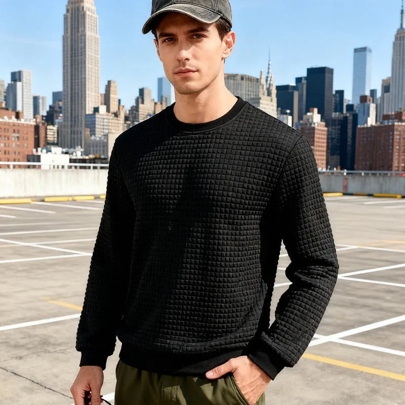 Loose casual men's simple sporty jacquard round-neck long-sleeved sweatshirt in solid colour