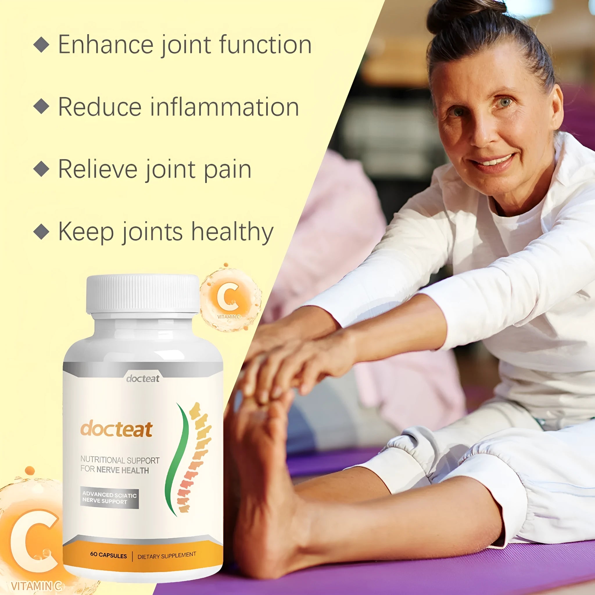 DOCTEAT Body Care Glue Wrap bottle containing 60 capsules for joint comfort and massage support