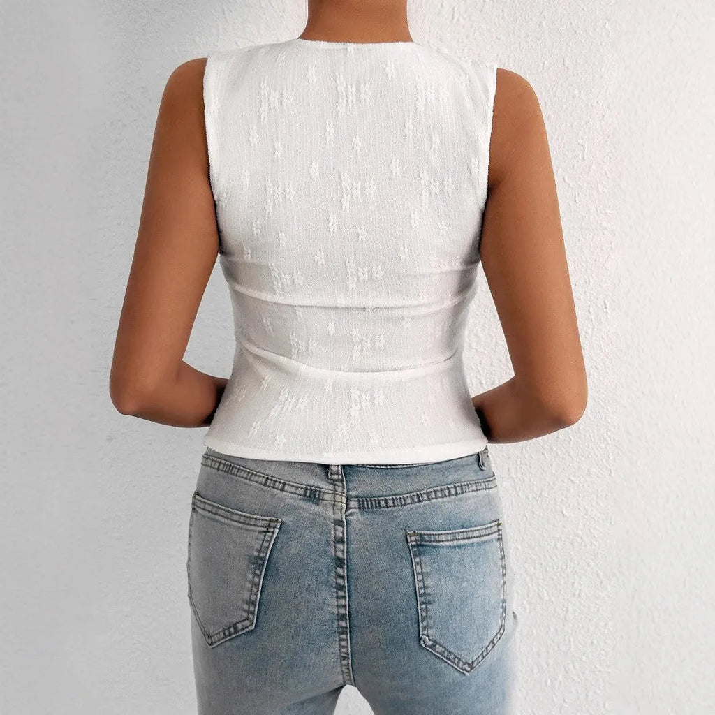 White women's lace patchwork sleeveless top slim fit short 40cm pullover on model