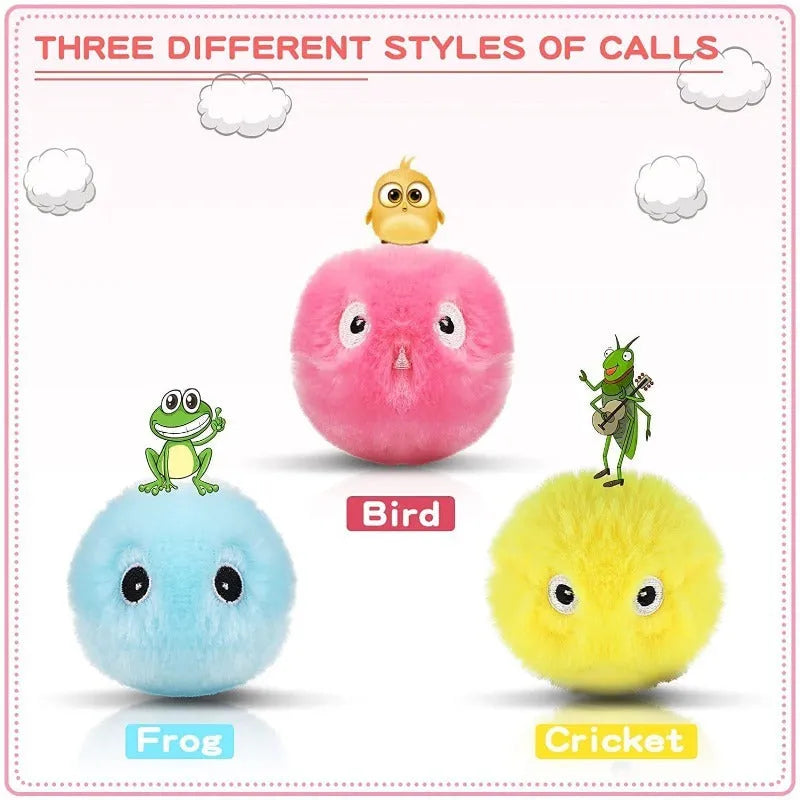 Blue, pink, and yellow electronic interactive toy ball for cats and dogs with animal sound activation.
