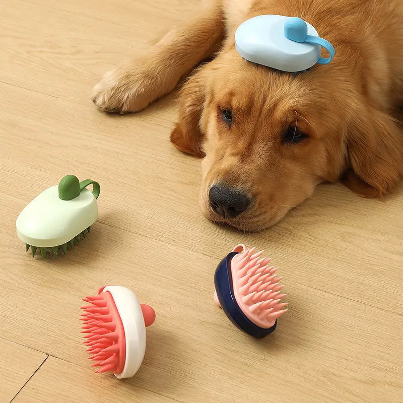Handheld silicone dog grooming brush with TPR bristles and ABS handle in four colour options