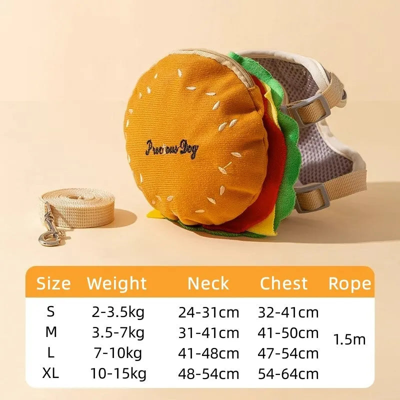 Cartoon hamburger design adjustable vest leash rope for dogs and cats with backpack compartment