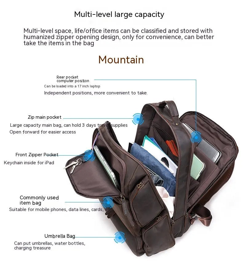 Dark brown retro crazy horse leather men's backpack with a 17-inch laptop compartment and double straps.