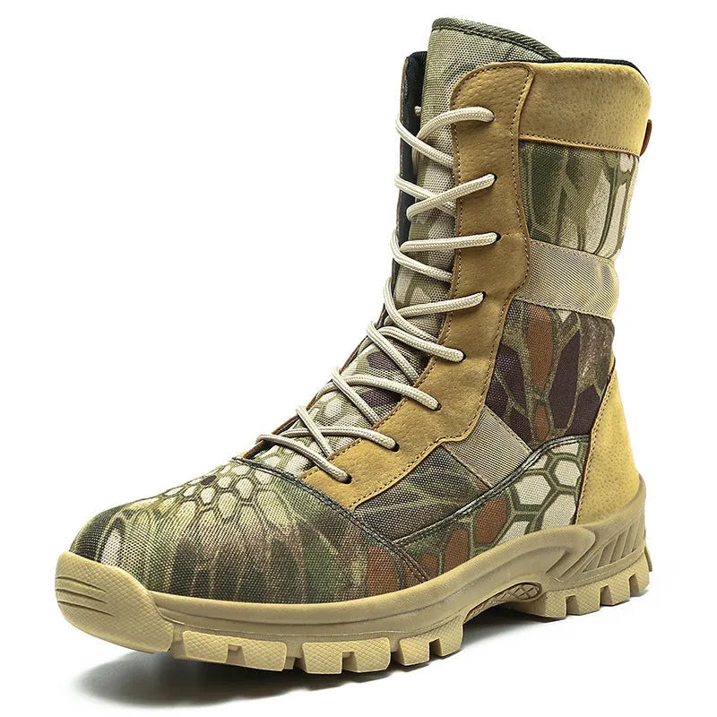 Plus size men's black and camouflage Martin boots with mesh upper and totem detailing