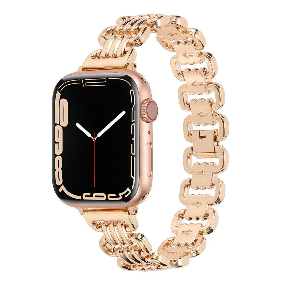 Alloy metal Apple Watch replacement band in silver, black, gold, rose gold, and starlight colours with adjustable clasp.