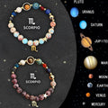 Two natural stone beaded bracelets showing different zodiac sign designs on adjustable cords