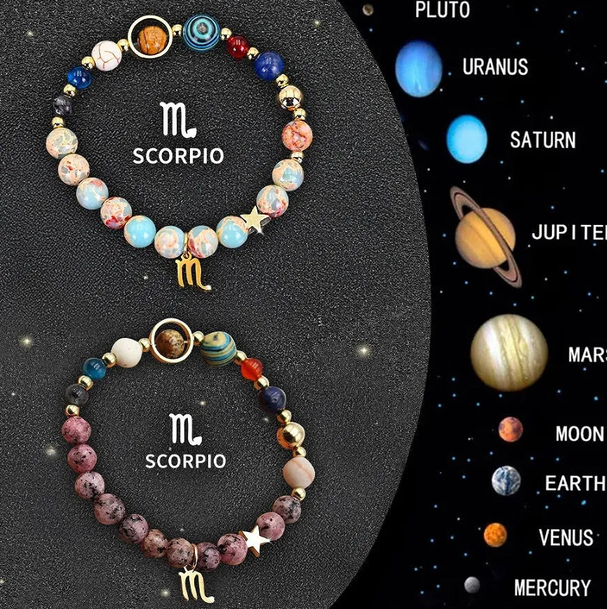 Two natural stone beaded bracelets showing different zodiac sign designs on adjustable cords