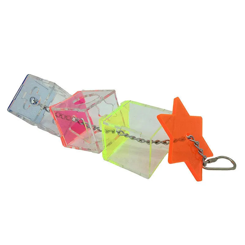 Clear acrylic bird foraging toy measuring 5x5x32cm with food compartments for parrot enrichment