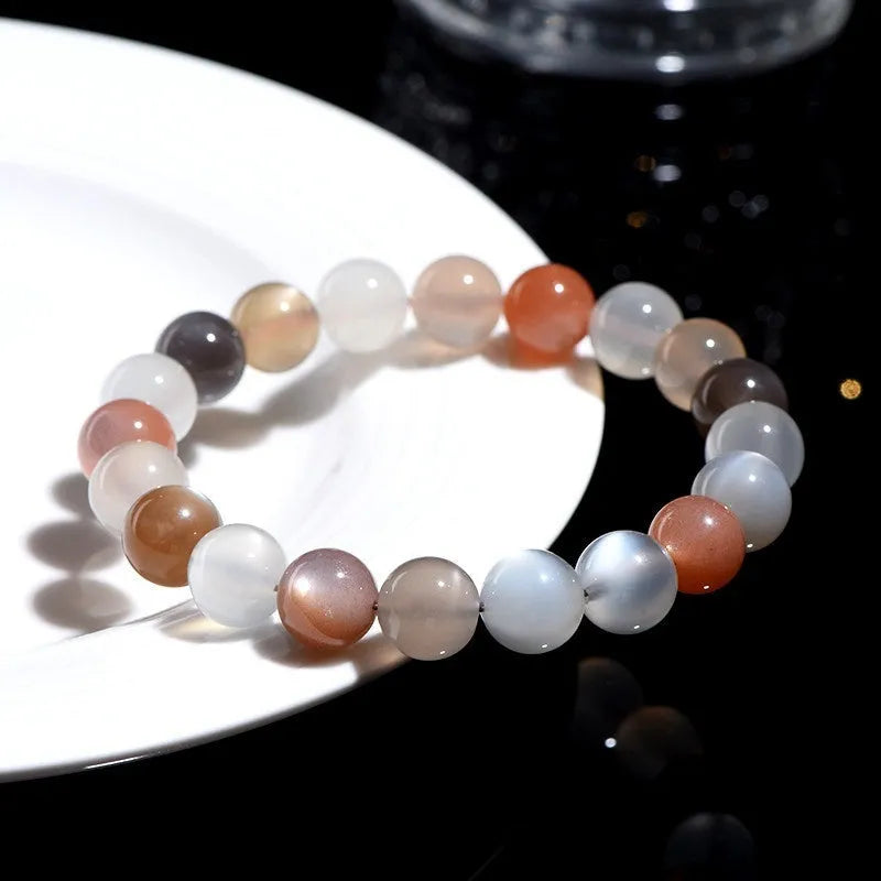 Natural moonstone bracelet with colourful moon light design showing 8mm single circle construction