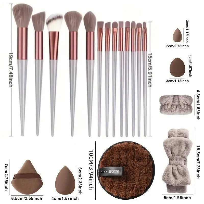 40-piece makeup sponge set in coffee brown, pink, and purple on white background