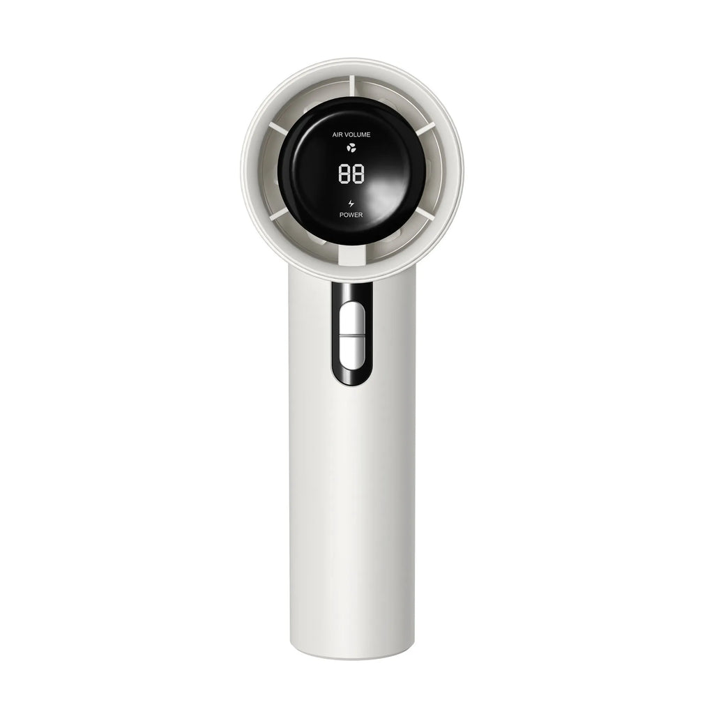 Portable handheld turbo fan with semiconductor cooling, 3000mAh battery, 58x60.5x170mm, in white