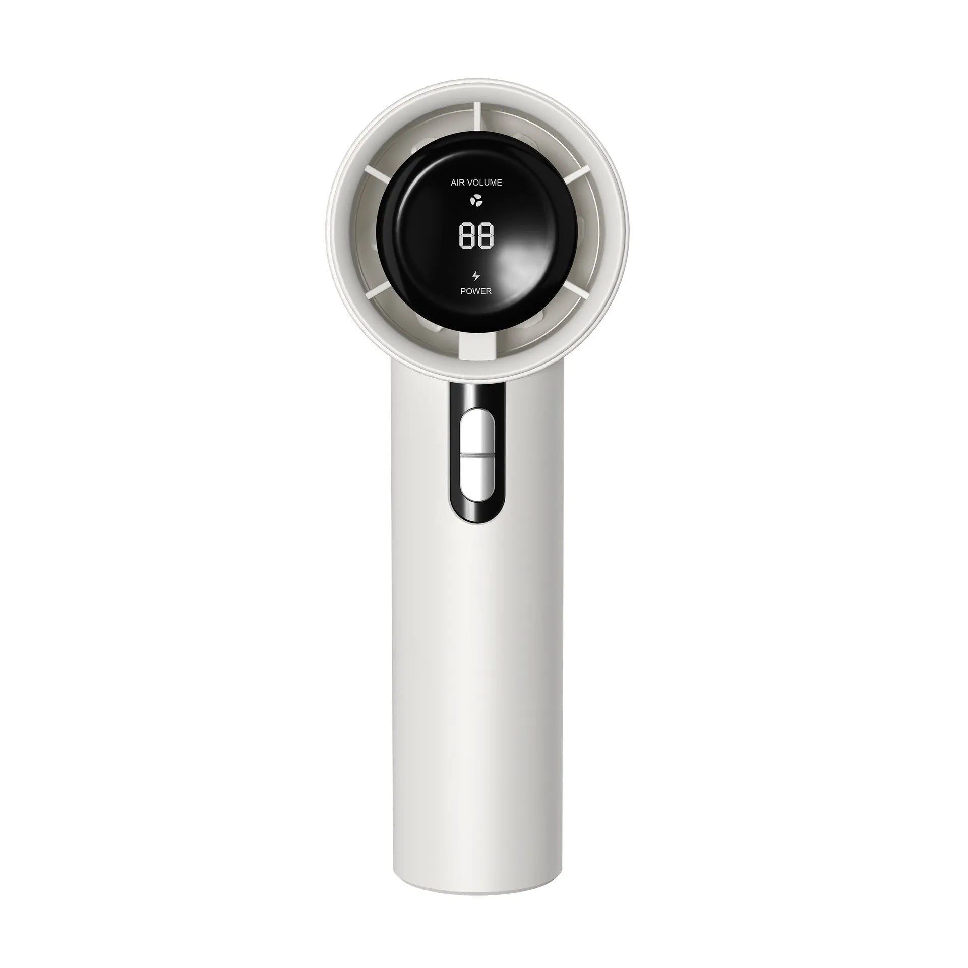 Portable handheld turbo fan with semiconductor cooling, 3000mAh battery, 58x60.5x170mm, in white
