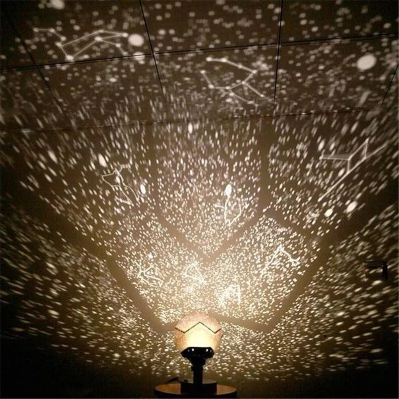 LED star projector night light showing constellation projection on a dark ceiling