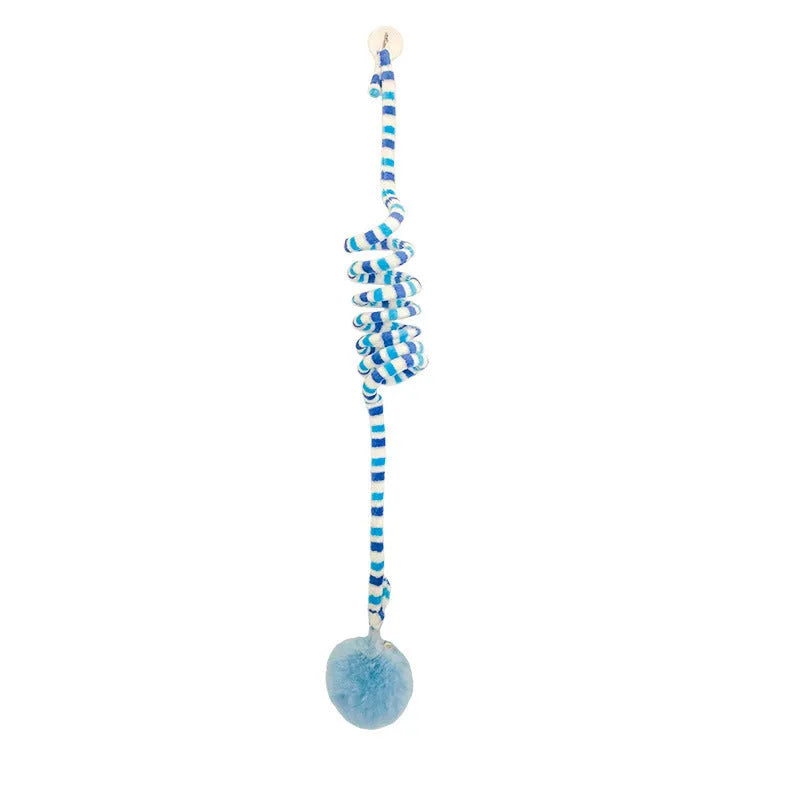 Spring cat toy with bell stick and inflatable ball hanging from door with suction cup