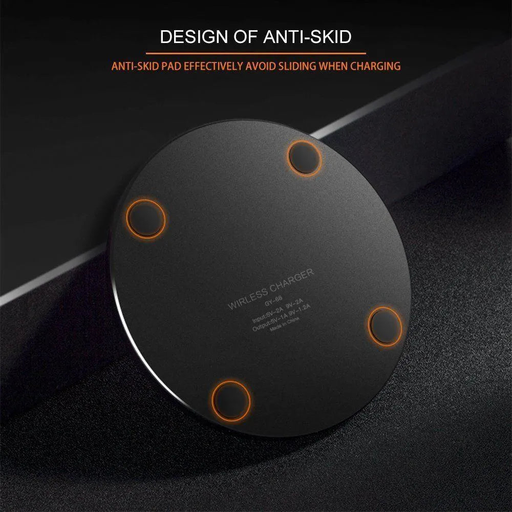 Black on black ultra-thin wireless fast charger with 98mm diameter aluminium construction