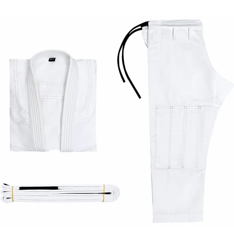 Brazilian Jiu-Jitsu uniform set with top and trousers in multiple colours on a white background.
