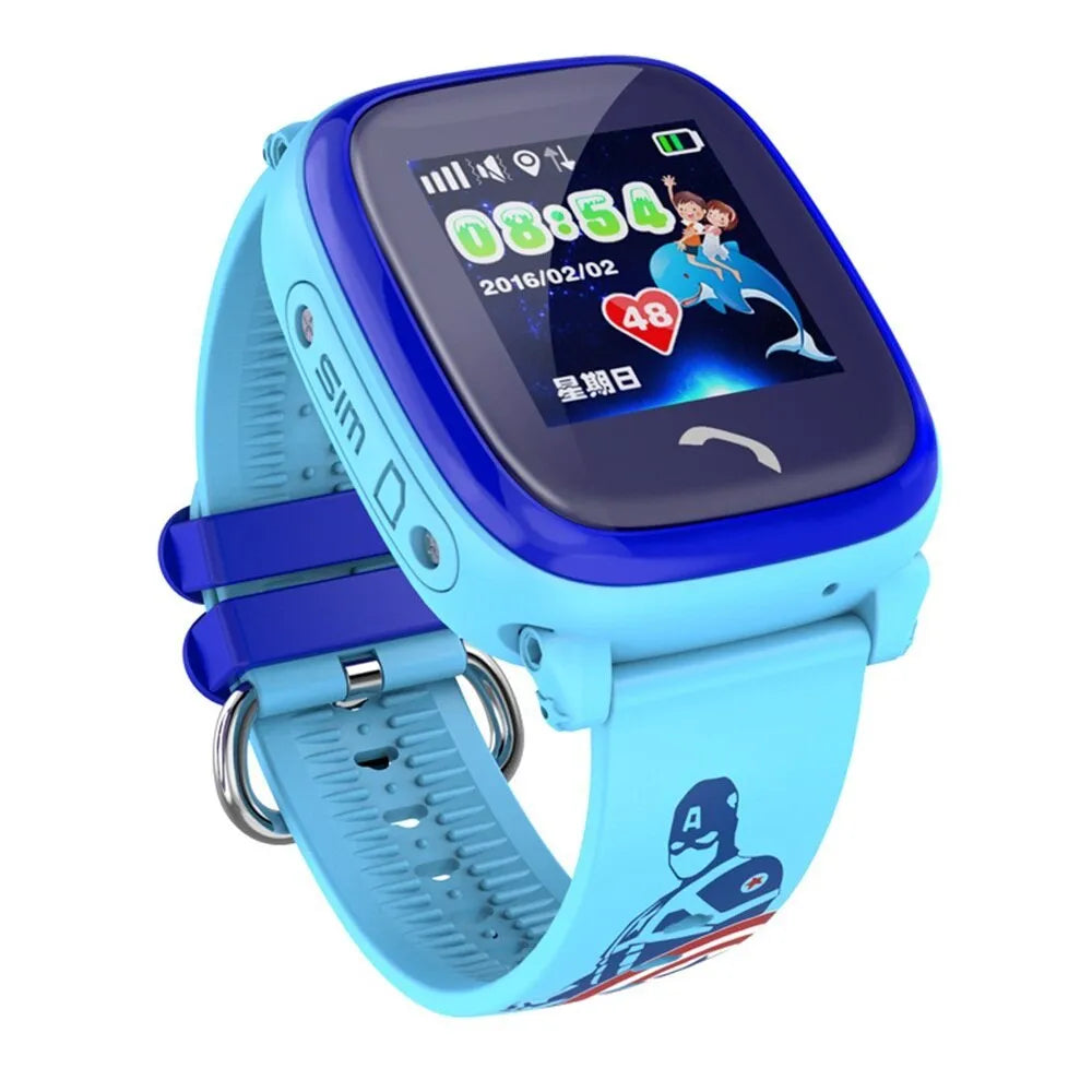 Blue children's waterproof smart watch with touch screen display and silicone wristband showing GPS tracking interface