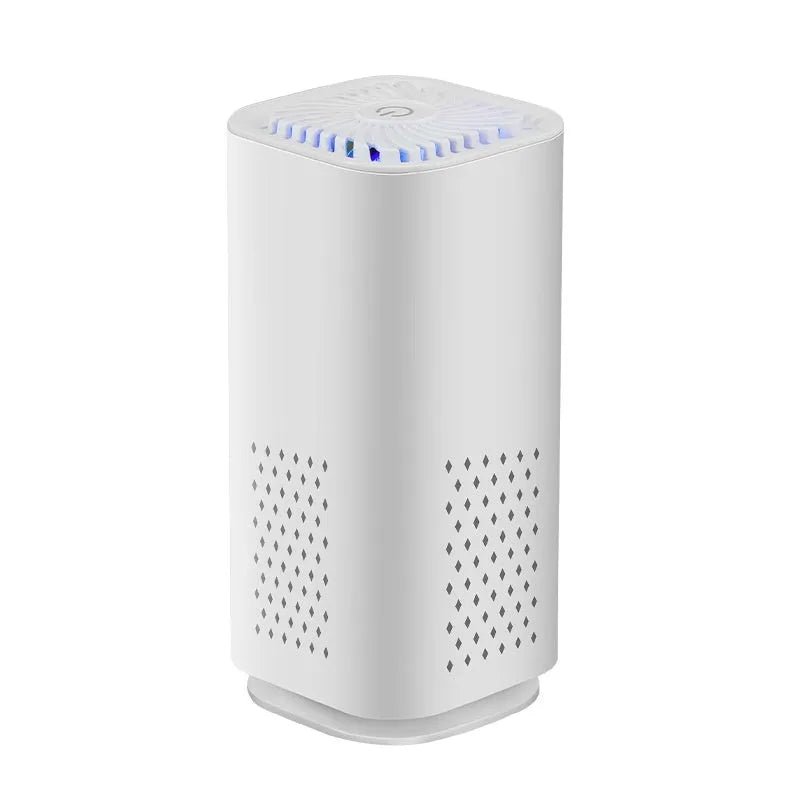 Mini USB-powered car air purifier in black and white colour options for removing smoke and dust in small spaces.